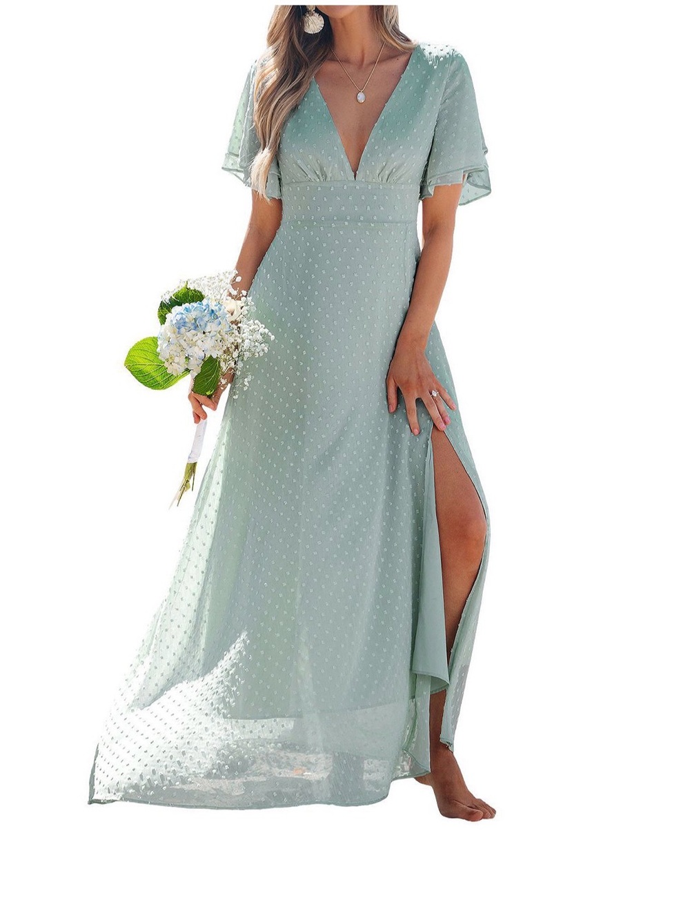 Cupshe Sage Green Flutter Sleeve V-Neck Maxi Dress with Side Slit